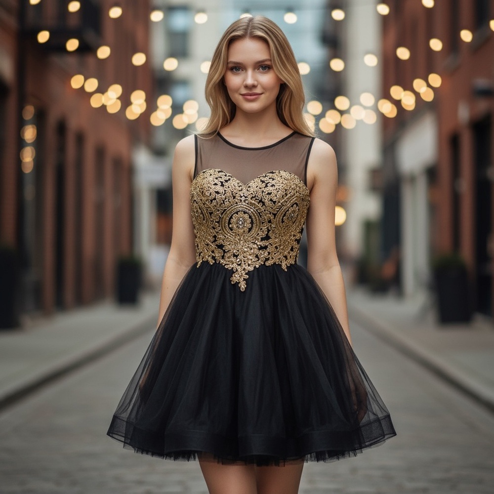 NWT Baby online Womens Small Elegant Black and Gold Embellished Dress